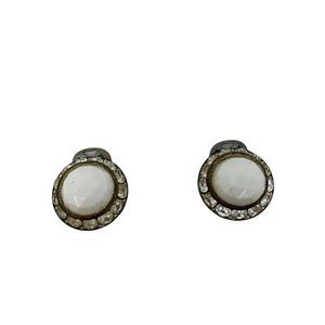 Vintage 1950s White Clip Ons Circle Rhinestone Surround Earrings